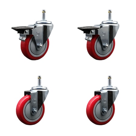 Service Caster 4'' Red Poly Wheel Swivel 7/16'' Grip Ring Stem Caster Set 2 Brakes, 4PK SCC-GR20S414-PPUB-RED-PLB-716138-2S2